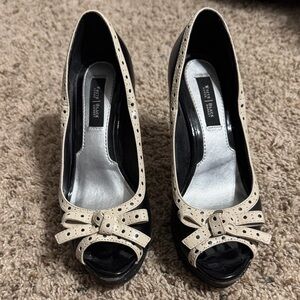 White House Black Market Black and Cream Bow Peep Toe Heels